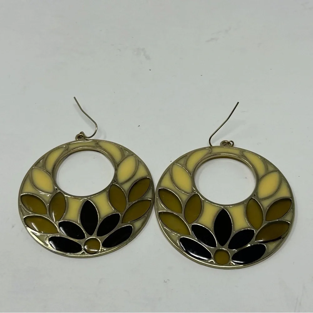 Large Groovy Black, Yellow and Brown Lotus Flower Dangle Hoop Earrings